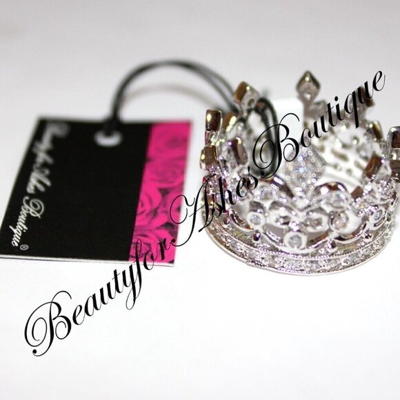 925 Sterling Silver Fleur de Lis Royalty Princess Clear CZ Crown of Life Ring 10 - Picture 3 of 6